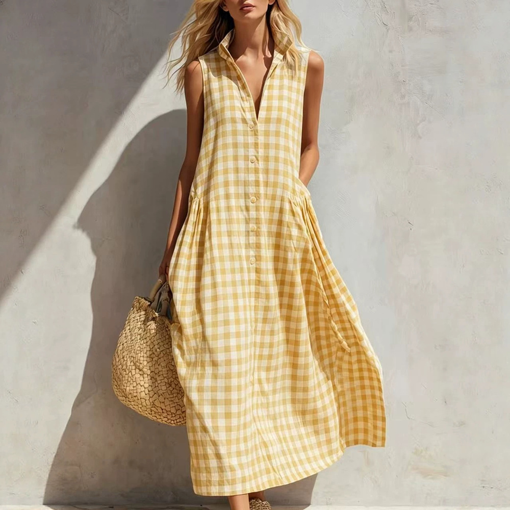 Women's Yellow Gingham Collared Sleeveless Relaxed Maxi Dress